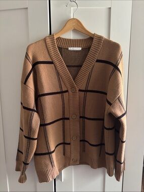 OAK + FORT Tan Windowpane V-Neck Button Cardigan